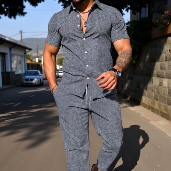 Manfinity Men's Short Sleeve Shirt And Pants Casual Commuter Suit
